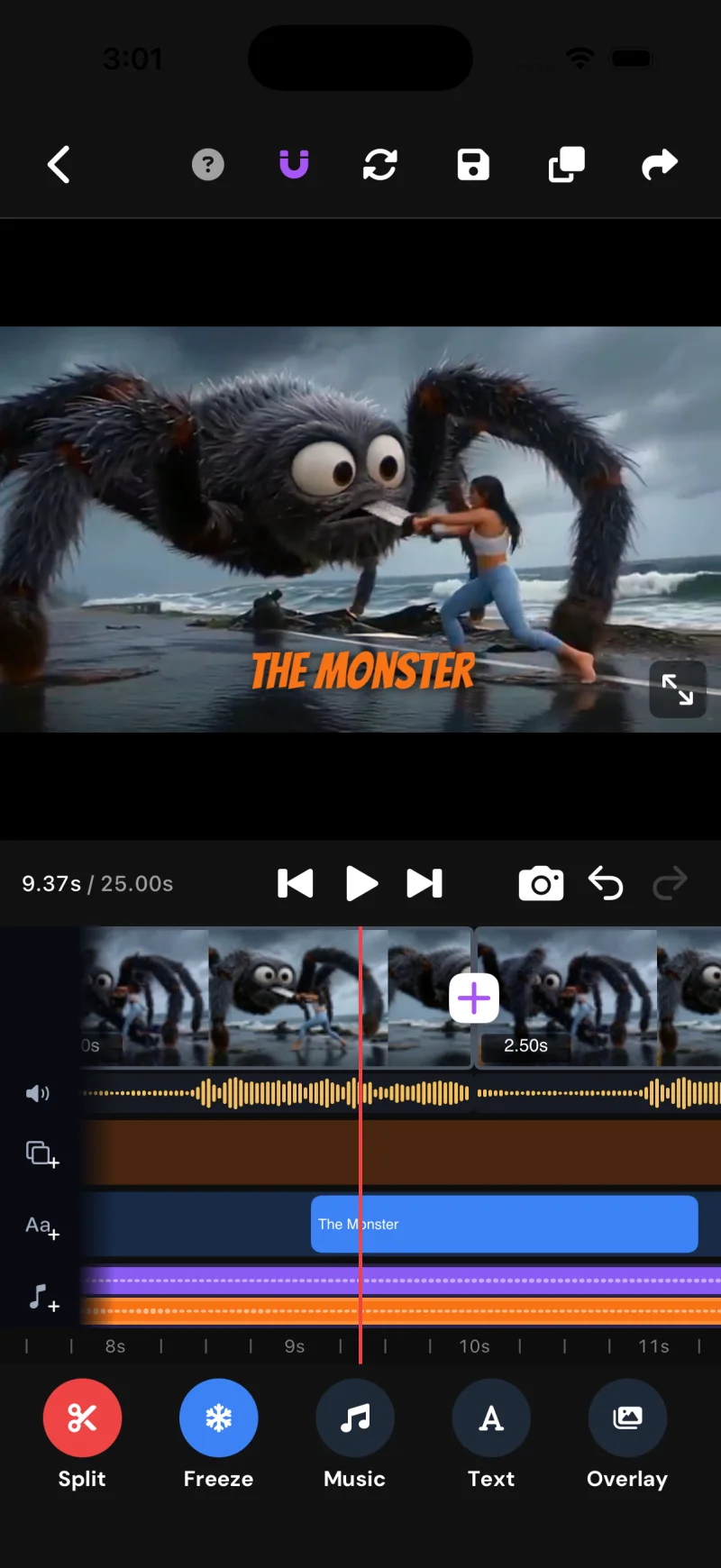Loovie iOS app: timeline editor with AI-generated video frames